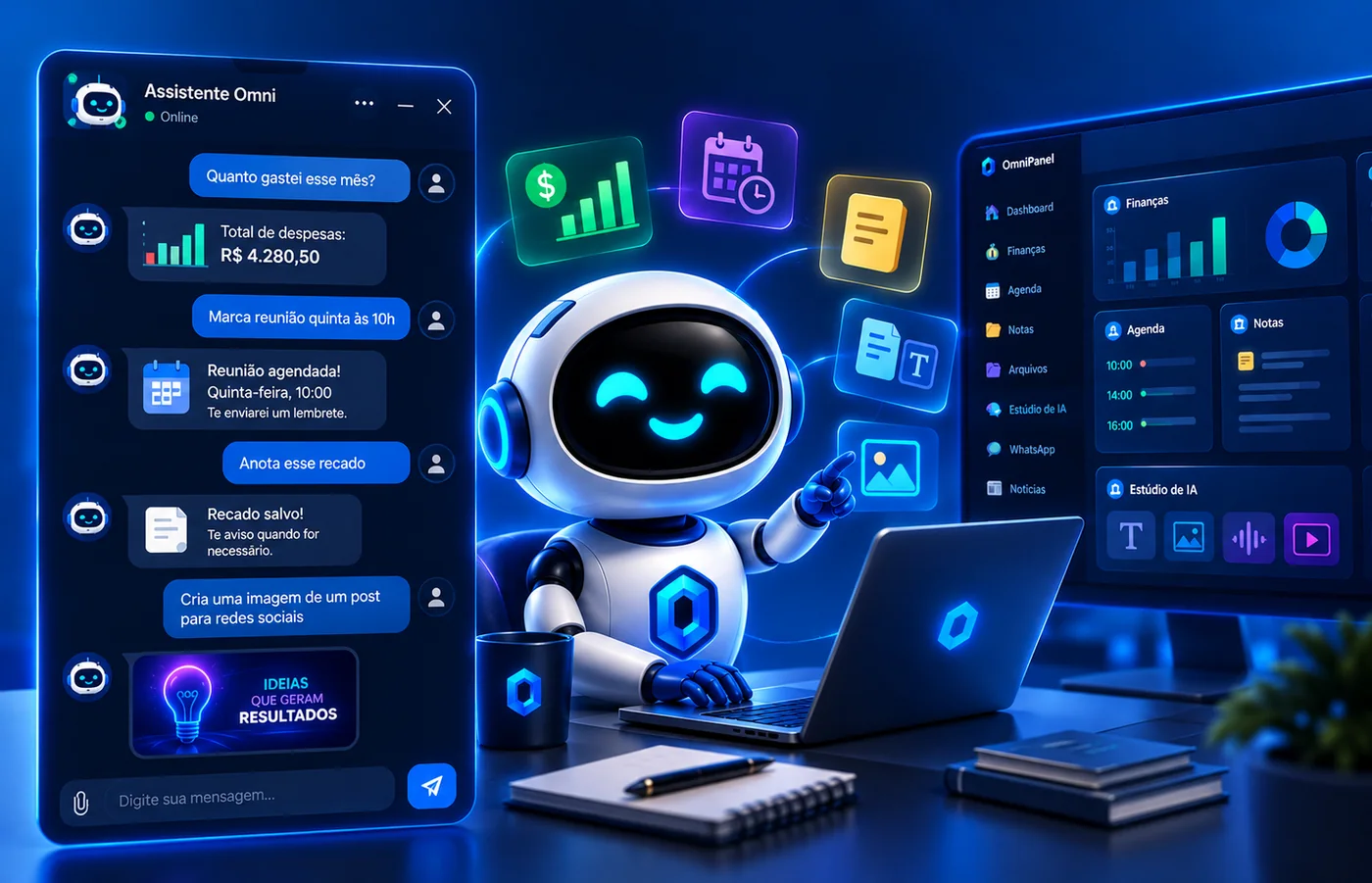 O assistente de IA do OmniPanel respondendo sobre finanças, agenda e notas